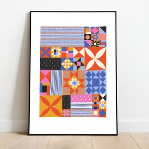 Puede incluir: Una impresi&oacute;n abstracta colorida con un dise&ntilde;o de patchwork que presenta formas geom&eacute;tricas en tonos de azul, naranja, rosa, amarillo y negro.