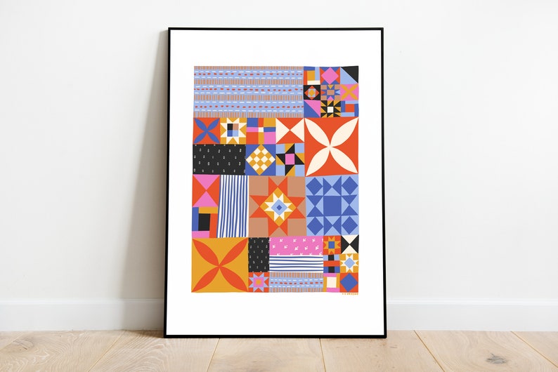 Puede incluir: Una impresi&oacute;n abstracta colorida con un dise&ntilde;o de patchwork que presenta formas geom&eacute;tricas en tonos de azul, naranja, rosa, amarillo y negro.