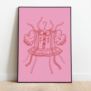 Aesthetic Frilly Girly Vintage Pink and Red Blouse Wall Art, Artsy Line Art Room Decor, Printable Art, Funky Trendy Digital Download
