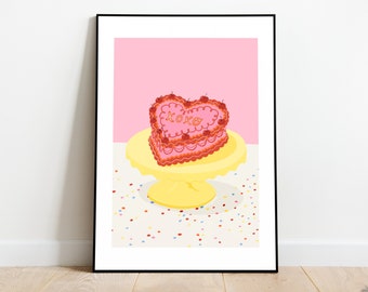 Funky Cherry Heart Cake Wall Art, Room Decor, Printable Art Digital Download, Cute Aesthetic Trendy Pink Heart Cake Art