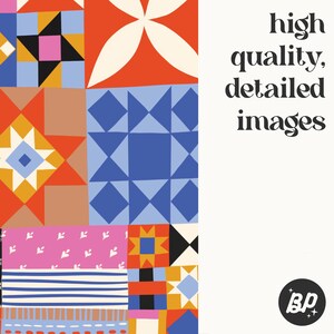 Puede incluir: Un patr&oacute;n de colcha de retazos colorido con formas geom&eacute;tricas en rojo, azul, amarillo, naranja, blanco, negro y rosa. El texto "high quality, detailed images" est&aacute; en la esquina superior derecha de la imagen. El texto "Bp" est&aacute; en un c&iacute;rculo en la esquina inferior derecha de la imagen.