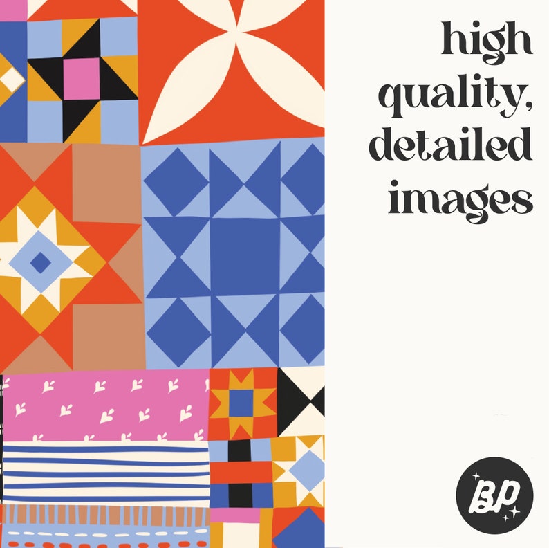 Puede incluir: Un patr&oacute;n de colcha de retazos colorido con formas geom&eacute;tricas en rojo, azul, amarillo, naranja, blanco, negro y rosa. El texto "high quality, detailed images" est&aacute; en la esquina superior derecha de la imagen. El texto "Bp" est&aacute; en un c&iacute;rculo en la esquina inferior derecha de la imagen.