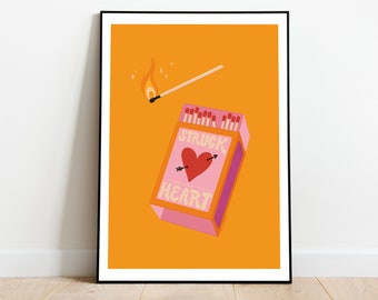Stampa artistica retrò a forma di scatola di fiammiferi, "Colpito al cuore" (download digitale)