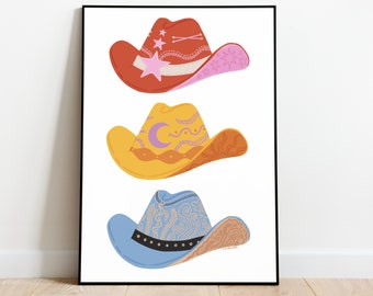 Funky Cowboy Hats Wall Art, Room Decor, Printable Art Digital Download, Cute Aesthetic Trendy Cowgirl Hat Art