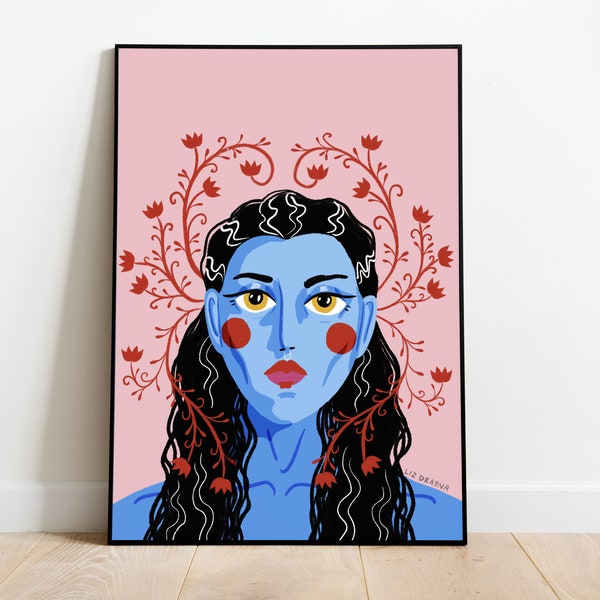 Girl With Aesthetic Flower Vines Wall Art, Woman Portrait Art, Artsy Room Decor, Printable Art, Digital Download, Funky Trendy Art