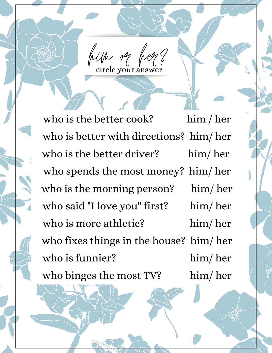 Him or Her Bridal Shower Game Blue &amp; White Template - Etsy