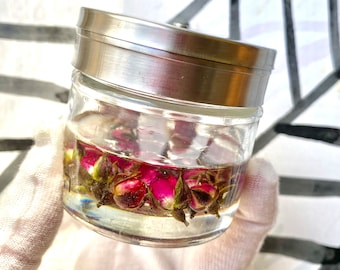 Wedding glass Havdalah spice besamim jar. Personalized. Embedded with dried rose buds.Gift