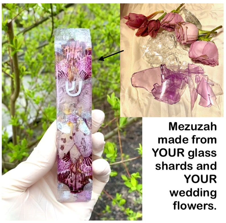 Jewish chuppah glass shard mezuzah. Made from YOUR glass and YOUR wedding flowers. Fast shipping.Chuppah glass art-Broken wedding glass-gift