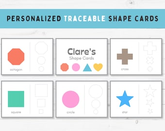Personalized TRACEABLE Shape Cards, Digital Print, Basic Shapes, Preschool, Tracing, Shapes