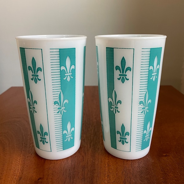 Vintage Hazel Atlas Milk Glass Tumblers with Blue Fleur de Lis Design