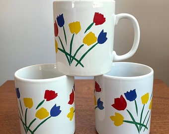 Vintage Coloroll England Tulip Mugs // Set of 3 Primary Colored Tulip Cups