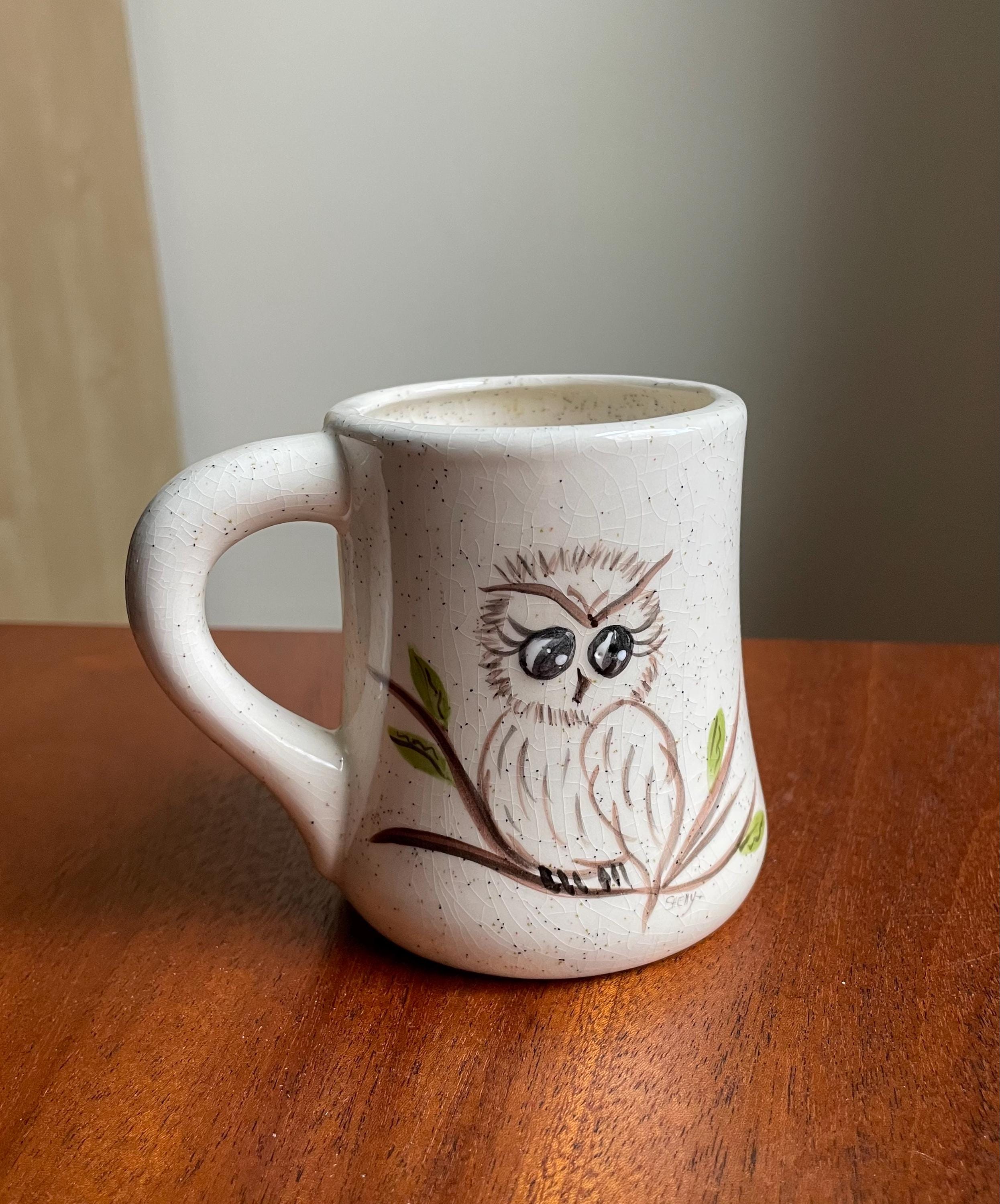 Vintage 1970s Style Hand-painted Ceramic Owl Mug