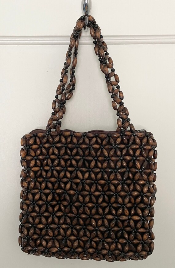 Vintage Wooden Beaded Purse // Brown Beaded Hand B