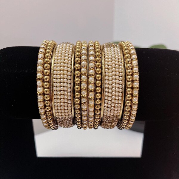 Golden & White Indian Bangle Set - South Asian Jewelry