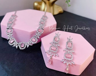 Baby Pink CZ Diamond Necklace Earrings Set: Bridal Jewelry