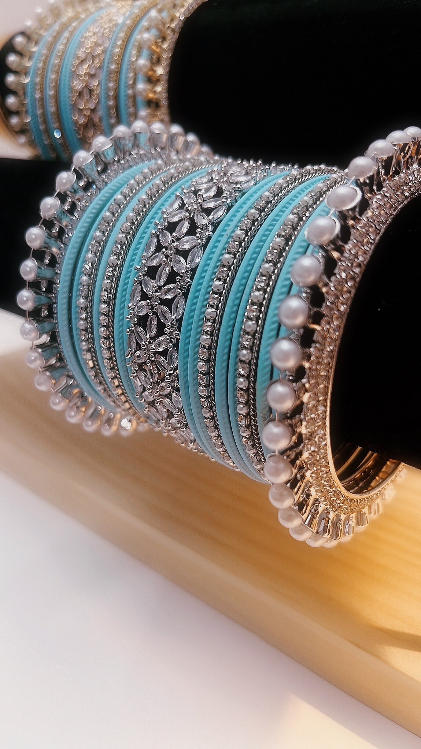 Sky Blue Indian Bangles Set: Silver Pearl Kangans, Size 2x6