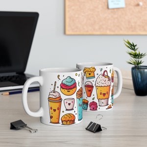 Taza con encantadoras ilustraciones de comida de dibujos animados: comienza el día con una sonrisa