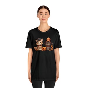 Watercolor Halloween Cats and Pumpkin Crewneck T-Shirt , Spooky Elegance