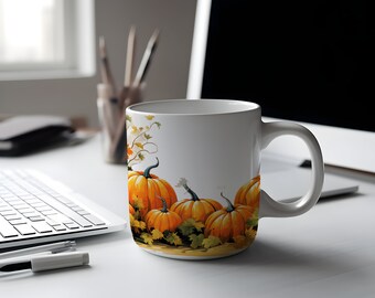 Könnte beinhalten: Weiße Keramiktasse mit einem Herbstmotiv mit orangefarbenen Kürbissen und grünen Blättern.