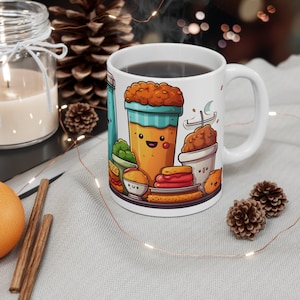 Kawaii Foodie Mug with Playful Characters , Perfect Morning Companion
