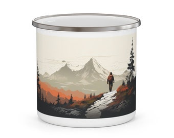 Hiking mug, Enamel Camping Mug, Minimalist Mountain Landscape Mug - Hand-Drawn Line Art Coffee Cup, Nature Cup, Line art mug