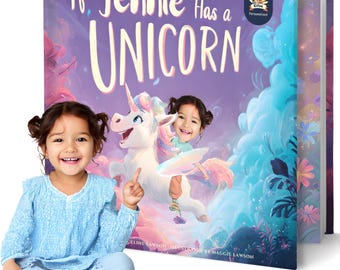 May include: A children's book titled "If Jennie Has a Unicorn" with a smiling girl in the foreground and a unicorn illustration on the cover. The book cover features a purple background with the title in large white letters.