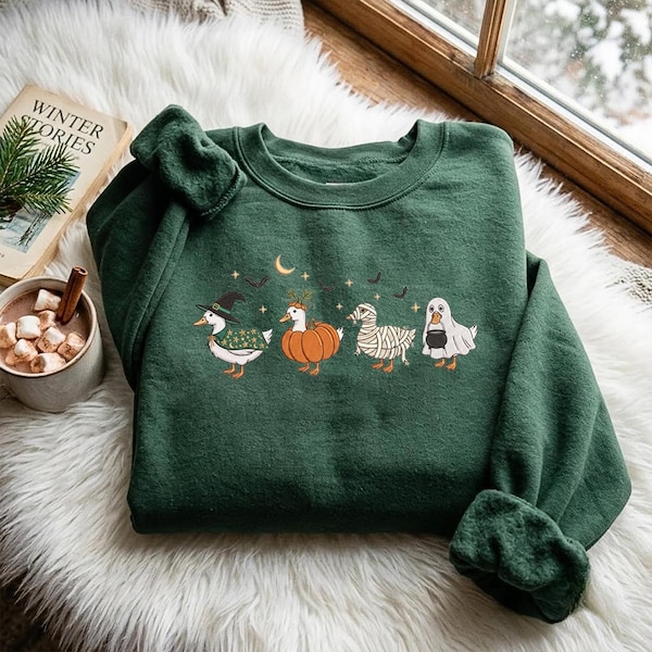 Halloween-Entenkostüm-Sweatshirt, gruseliger Cottagecore-Rundhalsausschnitt, Hexen-, Mumie-, Geister- und Kürbispullover