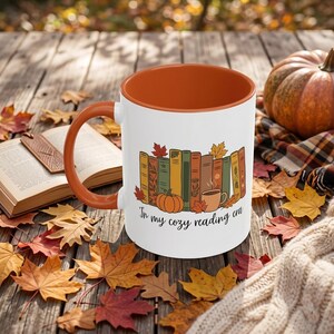 In My Cozy Reading Era Mug, Fall Bookworm Accent Coffee Cup, Aesthetic Autumn Stacked Books Drinkware, Orange Accent Mug, Fall Decor