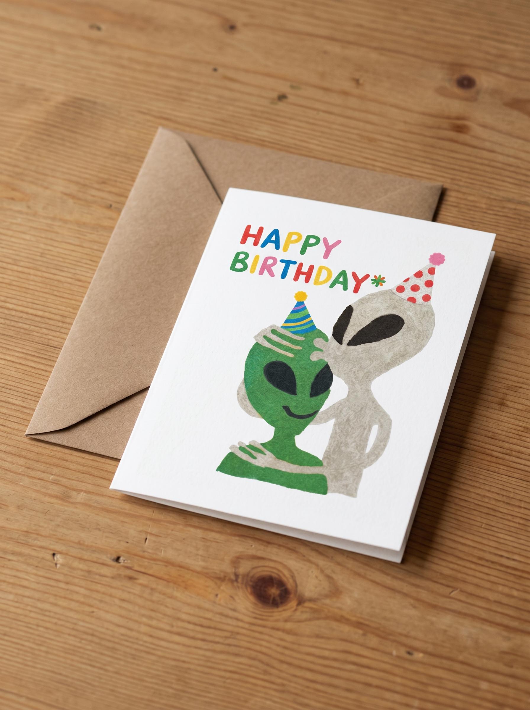 Alien Birthday Card, Hand-drawn Outer Space Greeting, 5x7 Whimsical ...