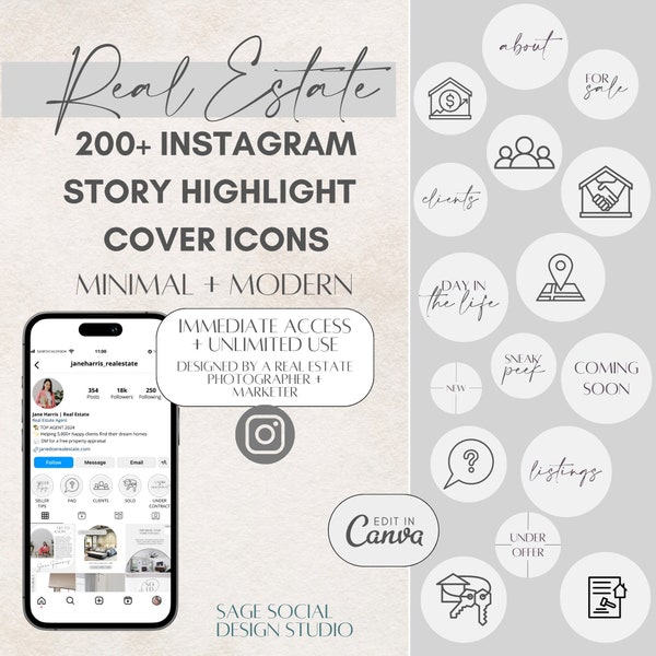 Real Estate Instagram Story Highlight Cover Icons Minimal Modern | 200+ Templates Marketing Selling Rent Realtor Posts Designs Social Media