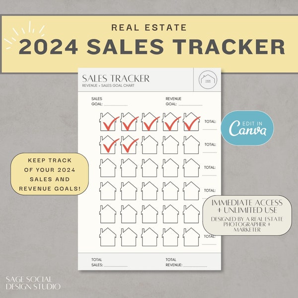 2024 Real Estate Sales and Revenue Goal Tracker Document | Minimal Modern | Setting Goals | Profit and Revenue | Marketing Selling Realtor