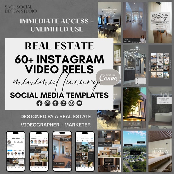 60+ Real Estate INSTAGRAM REELS Minimal Luxury Social Media Templates | Instagram Facebook Post Story | Marketing Selling Rent Realtor Canva