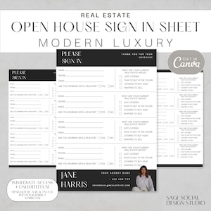 Real Estate Open House Sign In Sheet | Modern Luxury | Open Home Sign-In | Realtor Printable PDF | Marketing Design | Edit Instant Download