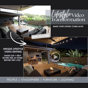 Pode incluir: Uma cena ao ar livre com piscina, assentos e área de jantar. A imagem promove "Unique Lifestyle Video Editing" com o texto "Destaque-se + ajude os compradores a se sentirem em casa antes de visitarem." O texto também menciona "48HR DELIVERY."