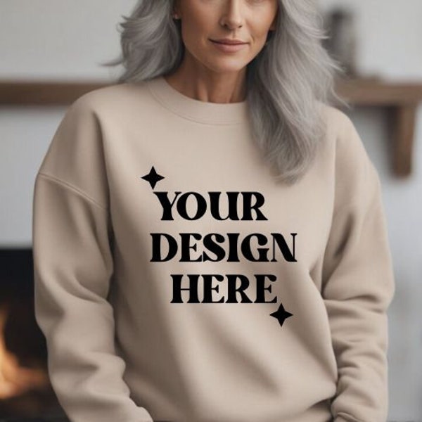 Gildan 18000 sand crewneck mockup-middle aged female model