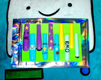 Bmo and LSP Adventure Time, extra long square press-on nails, Medium Sized, Hand drawn