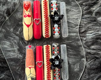 Female empowerment gem nails, Extra large length nails, For large sized fingernails, Hand drawn