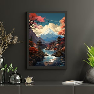 May include: A digital painting of a Japanese landscape with a mountain, a river, and a traditional temple. The mountain is snow-capped and the river is flowing through a lush forest. The temple is made of wood and has a red roof.