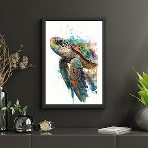 May include: A watercolor painting of a sea turtle with a green, blue, and orange shell. The turtle is swimming in a blue and green ocean with white splashes of water.