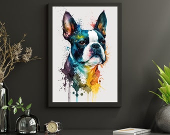 Watercolor Boston Terrier Digital Wall Art Downloadable Pet Poster | Multiple popular sizes included | JPG files | Printable art
