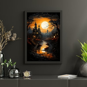 ハロウィーン デジタル ダウンロード アート 印刷可能なハロウィーン デコレーション 不気味なハロウィーンのシーン ダウンロード可能なお化け屋敷 デジタル ウォール アート