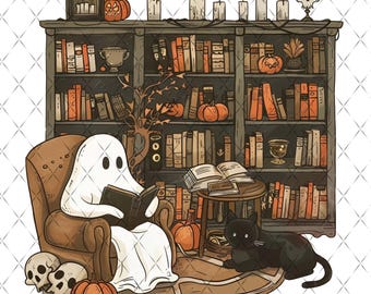 Ghost Reading Book Png, Halloween Book Clubs Png, Librarian Ghost Halloween Png, Halloween Teacher Png, Teacher Gift, Boo School Png