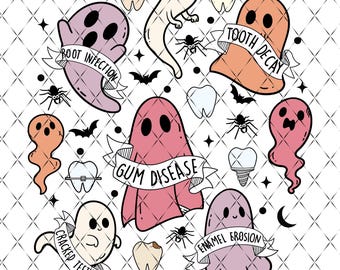 Op de afbeelding: Een Halloween-illustratie met cartoongeesten in verschillende kleuren, elk gelabeld met tandheelkundige problemen zoals "Wortelontsteking" en "Tandbederf". Vleermuizen, spinnen en tanden maken het ontwerp compleet op een ruitjesachtergrond.