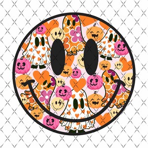 May include: A black and white smiley face with a pink, orange, and white pattern of ghosts, pumpkins, and hearts.