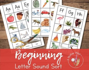 Beginning Letter Sound Sort, Initial Sound Matching Activity, Montessori Homeschool Learning, Preschool Kindergarten ABC Picture Matching