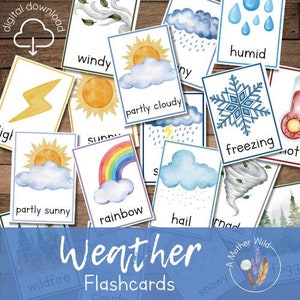 Cartes mémoire, étude du vocabulaire météo, ressource imprimable Montessori pour l'école à la maison, pratique météorologique pour tout-petits d'âge préscolaire, décoration de salle de classe