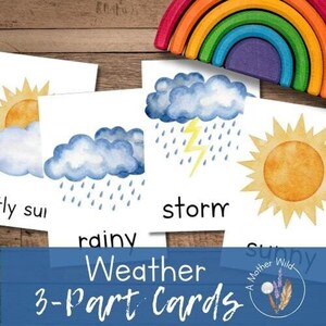 Cartões meteorológicos de nomenclatura de 3 partes, flashcards, estudo meteorológico, vocabulário pré-escolar do jardim de infância infantil, aprendizagem montessori em casa