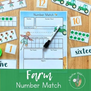 Farm Themed Number Match Game, Counting Practice 1-20, Printable Math Activity, Montessori Homeschool Resource, Pre-K Kindergarten Worksheet