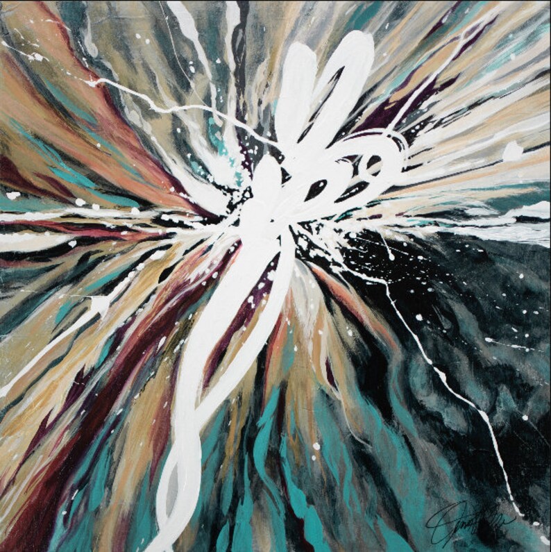 May include: Abstract painting with a white, swirling design on a background of teal, brown, black, and white paint.
