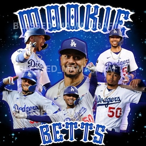 May include: A collage of five baseball players wearing Los Angeles Dodgers uniforms. The players are wearing their jerseys and hats. The background is a blue and black starry sky. The text "Mookie Betts" is written in a stylized font at the bottom of the image.
